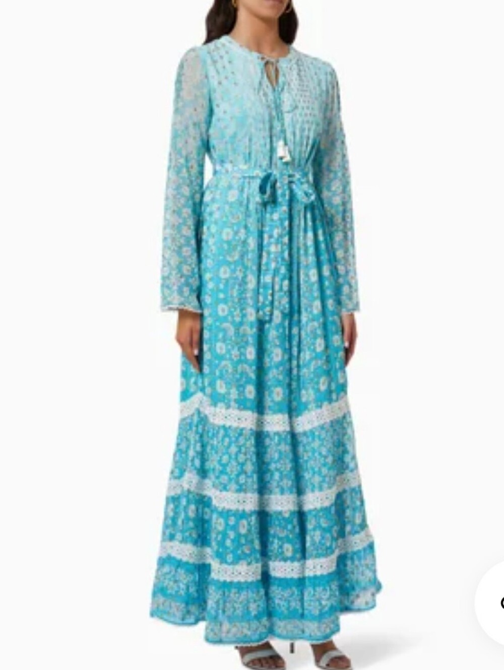 0HEMANT & NANDITA Aqua Blue Mairi Maxi Dress with White Lace Med Nwt - Picture 2 of 10
